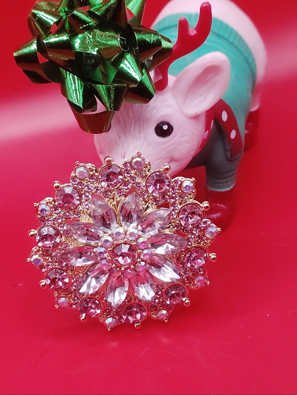 Vintage Inspired Pink Crystal Floral Statement Brooch - Women Jewelry